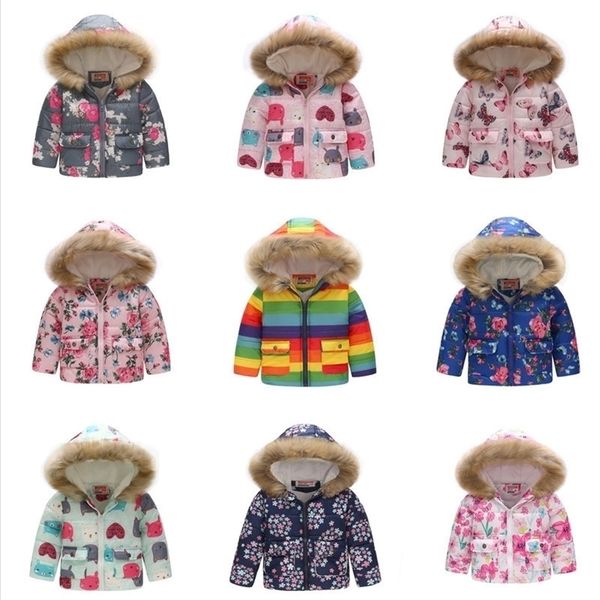 Inverno Crianças Jaqueta com Pele Dinossauro Com Capuz Impresso Arco-íris Crianças Jaqueta De Neve Menino Windbreaker Outerwear Meninas Parkas Casacos LJ201017