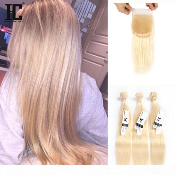 

hc brazilian virgin hair #613 blonde human hair 3 bundles with lace closure bleach blonde straight hair weaves with 4*4 lace closure, Black;brown