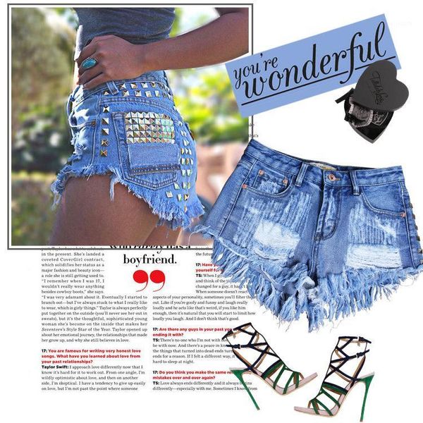 

2020 hole denim loose shorts studs shorts1, White;black