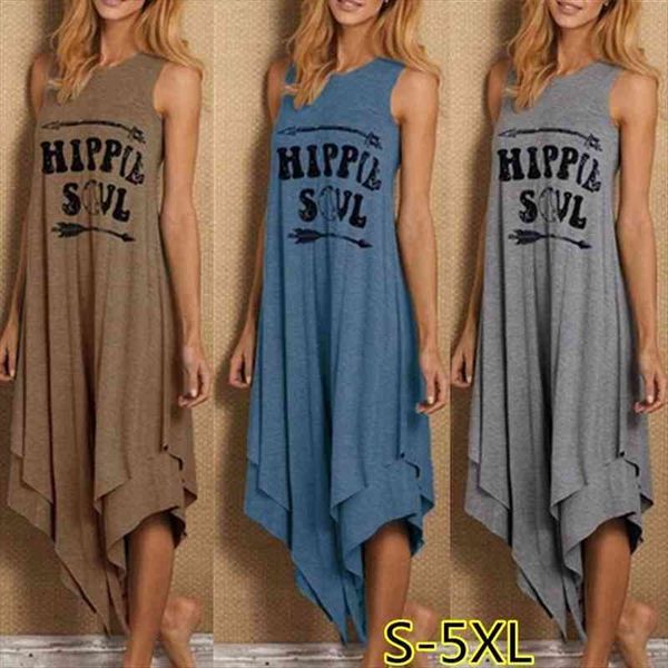 

summer women casual hippie soul letter printed long dress sleeveless irregular pleated loose double layer maxi dress plus size, Black;gray