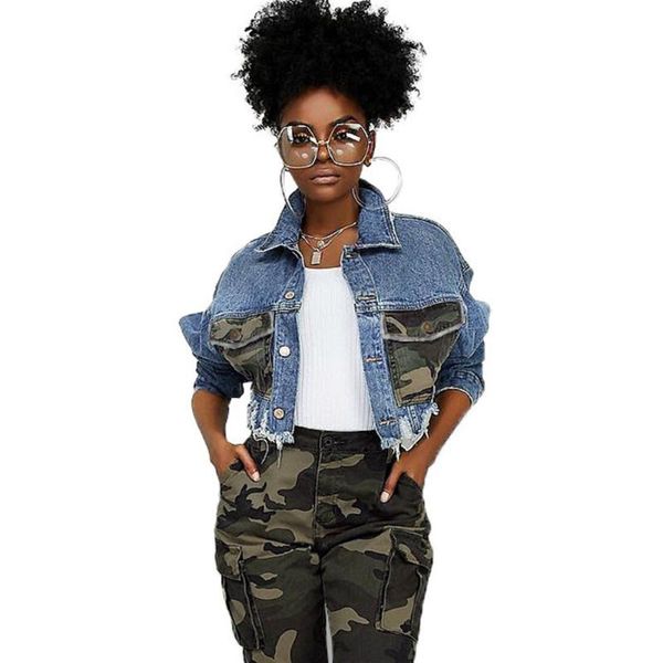 

autumn winter hole ripped denim jacket women camo pockets patchwork streetwear long sleeve cropped jean bomber jacket coat femme, Black;brown
