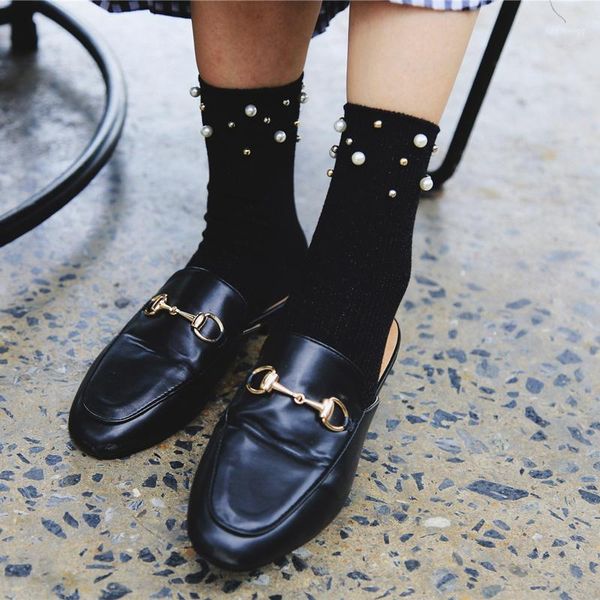 

fashion design luxury pearl short socks women vintage harajuku short socks solid cotton funny harajuku art female1, Black;white