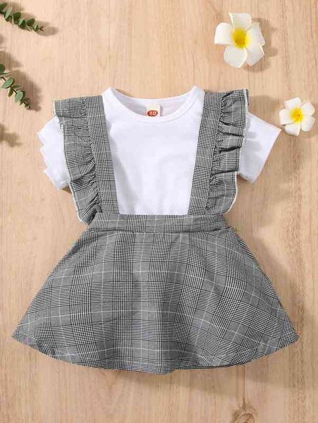 

baby solid tee & glen plaid ruffle trim suspender skirt she, White