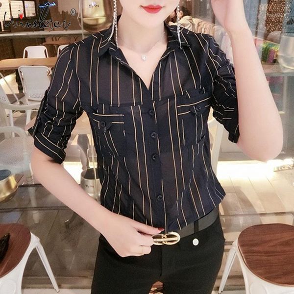 

summer thin european clothes blouse transparent fashion women striped pockets button shirt half sleeve ropa mujer t066081, White