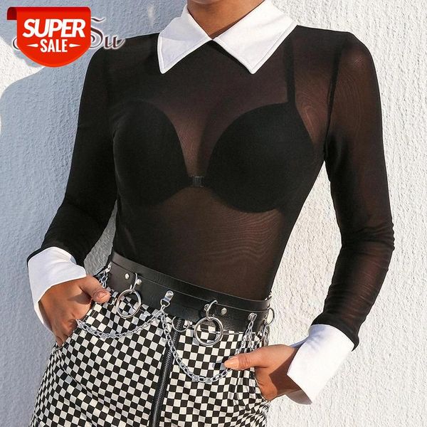 

artsu fashion black mesh bodysuit long sleeve transparent bodycon jumpsuit romper women turn-down collar overalls asju20397 #3g5t, Black;white