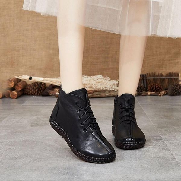 

boots autumn winter women shoes 2021 leather flat bottom soft comfortable short boot plus velvet cotton shoe, Black
