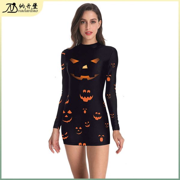

digital new halloween 3d horror pumpkin print slim long sve drs, Black;gray
