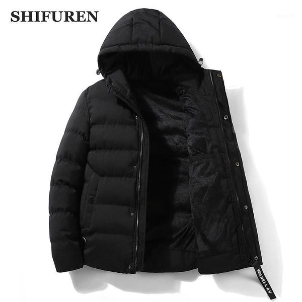 

shifuren 2020 winter jacket men thick warm fleece solid color men's coat cotton banded male causal hooded parkas outerwear1, Black