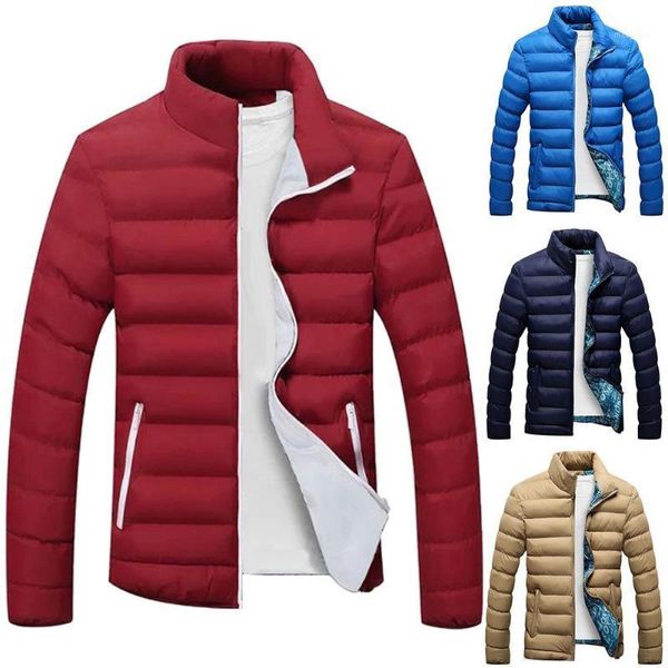 

plus size men solid color zip stand collar long sleeve jacket cotton padded coat1, Black