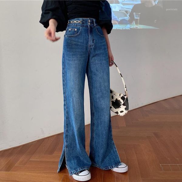 

women's jeans hong kong style retro 2021 autumn high-waist design sense niche metal chain split wide leg women1, Blue
