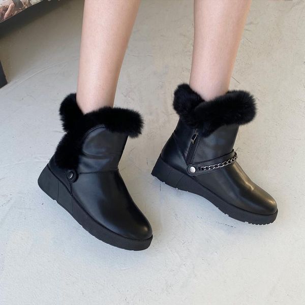 

boots women winter boot vintage classical style warm fur confortable flat form ladies fashion shoes upper chain ankle, Black