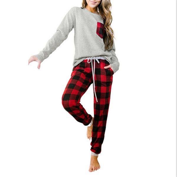 

women christmas family pajamas sets buffalo plaid two piece clothing patchwork t-shirt checkered legging pants suit 2pcs/set e111806, White
