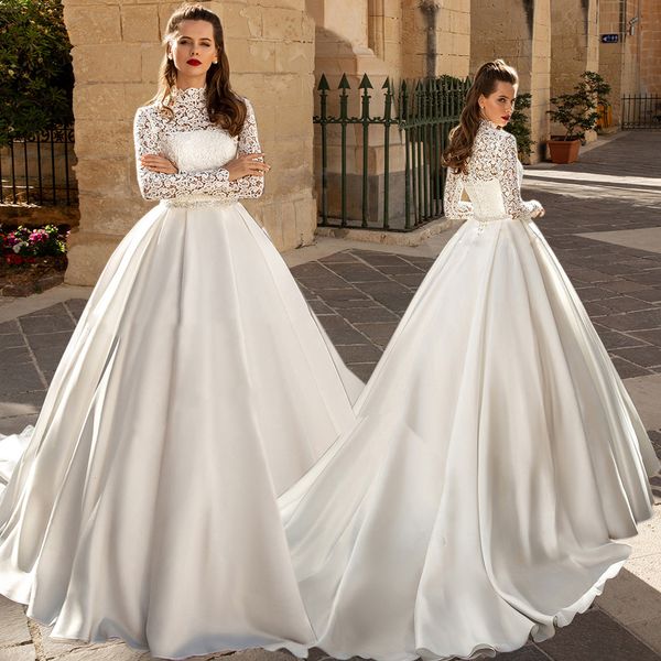 

2021 new wedding bow tie dress court train gloves of the modest neck 6lgs, White