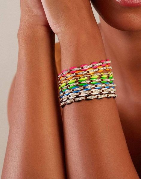 

trendy women lady jewelry gold color fluorescent 7 neon enamel rainbow bead chain bracelet, Golden;silver