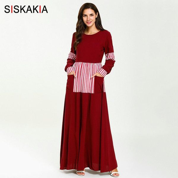 

siskakia fashion arab long dress elegant muslim stripe color block maxi dresses patch pockets draped swing women clothes 20191, Black;gray