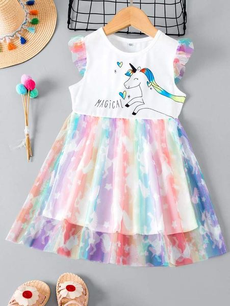 

toddler girls unicorn and letter graphic colorblock mesh hem dress she, Red;yellow