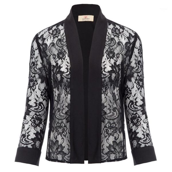 

lace cardigan patchwork bolero cropped see through summer casual 3/4 sleeve open front1, Black;brown