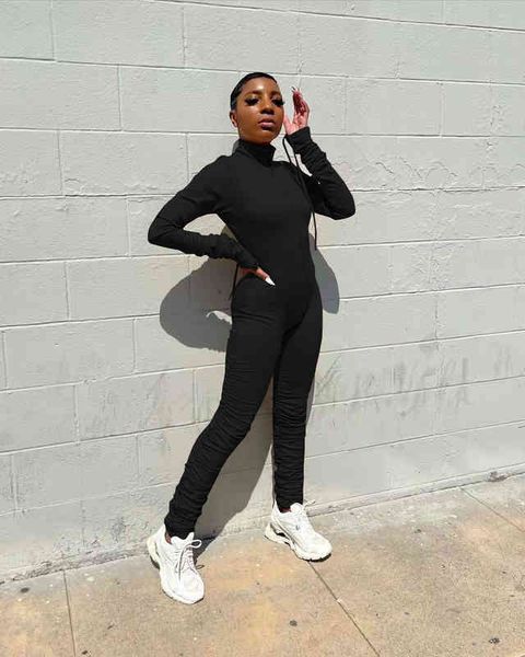 

selling women clothing urban fashion solid color drawstring pile sleeve trouser leg fold long jumpsuit, White