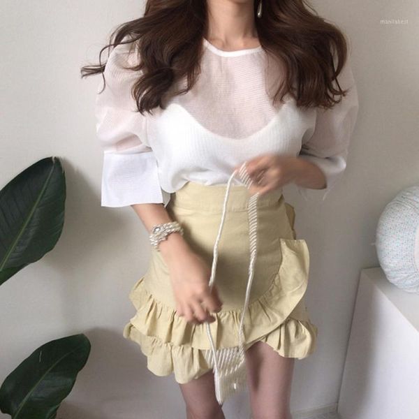 

rugod 2020 new arrivals summer women skirt set o-neck white +ruffled skirts elegant set female1