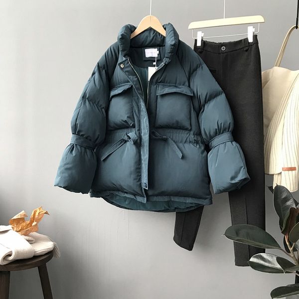 

2021 new winter l sleeve stand collar warm thick women cotton jacket coat with belt design feminino b0ud, Black