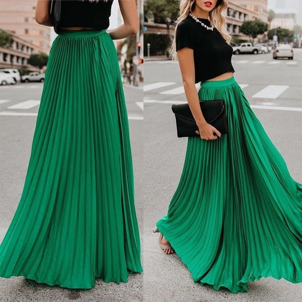 Chiffon plissado cintura alta mulheres maxi saias chão comprimento sólido saia longa senhoras solta verde preto fundo vermelho feminino t200106