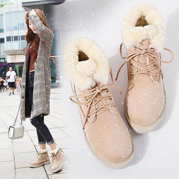 

2020 winter women plush snow boots lace up warm fur winter boots female shoes fashion ankle zapatos de mujer, Black