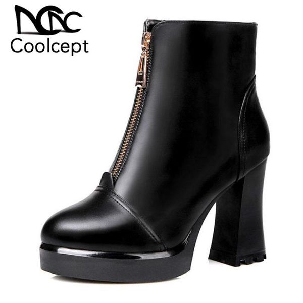 

boots coolcept plus size 31-45 women real genuine leather high heel zipper platform warm fur shoes thick ankle, Black