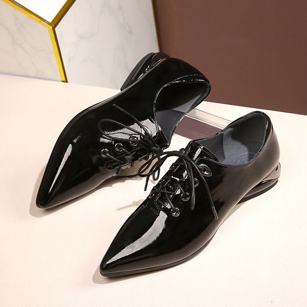 

female pumps 2021 plus size patent cow pointed to british style lace ladies shoes u9dc, Black