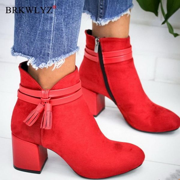

boots 2021 red tassel ankle shoes women's single autumn winter pointed toe thick with short, Black