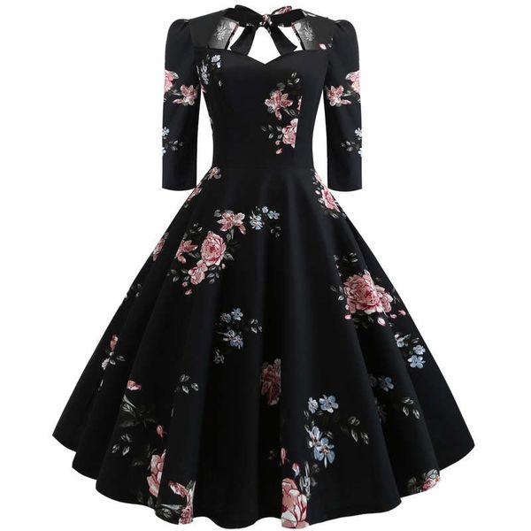 

new print bow waist swing dress fluffy skirt 1138, Black;gray