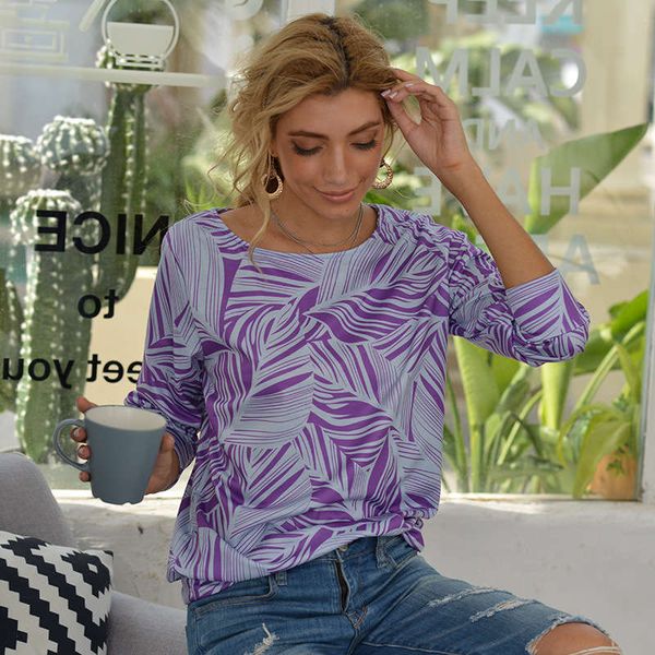 

2020 windbreaker leaf print hoodless crew neck women's top, Black