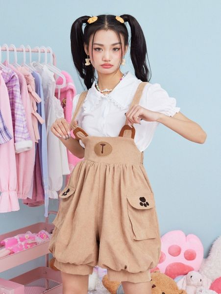 

romwe corduroy cartoon embroidery pocket pinafore romper i4di#, White