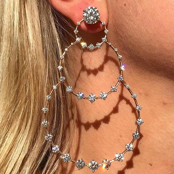 

1 pcs women fashion silver color punk big circle round crystal studs earrings lady party wedding boho jewelry gifts, Golden;silver