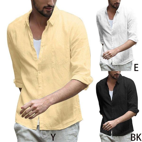 

men's autumn 3/4 sleeves button down blouse lapel collar solid color casual shirts faux linen open front with pocket -3xl, White;black
