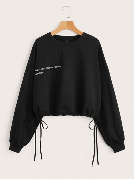 

slogan graphic drop shoulder drawstring hem crop pullover q5ce#, White;black
