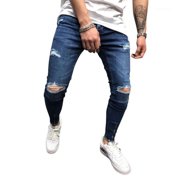 

men's pants men jeans denim pencil zipper shredded dark blue casual fashion straight trousers1, Black