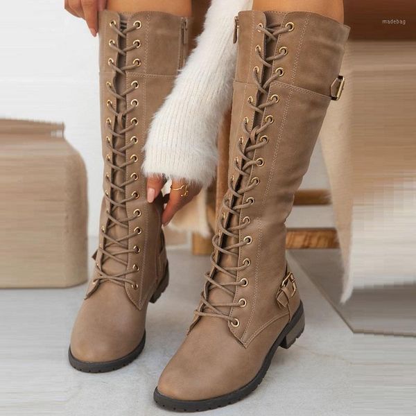 

boots women knee high autumn winter pu leather lace up low heels ladies riding cross strappy platform punk female shoes1, Black