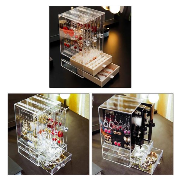 

women earrings ring display stand shelf dustproof transparent plastic jewelry storage box drawer necklace bracelet organizer, Pink;blue