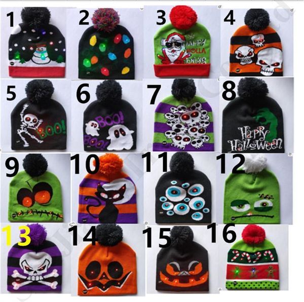 

knitted beanies 2019 light-up led winter christmas snowman skull caps xmas halloween pumpkin pompon ball hats party deco