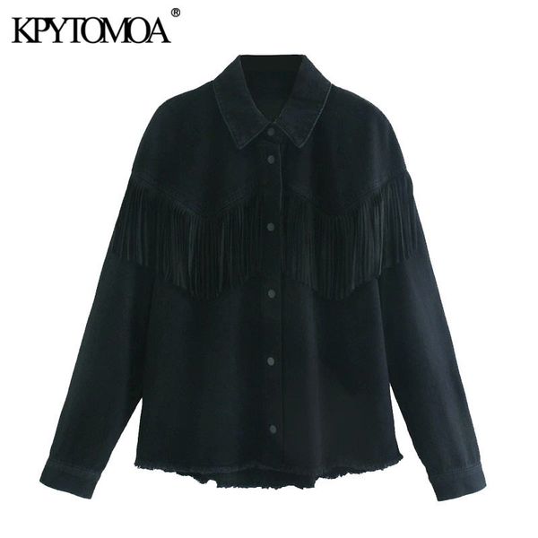 

kpytomoa women fashion fringe trims loose denim jacket coat vintage long sleeve frayed tassel female outerwear chic 201026, Black;brown