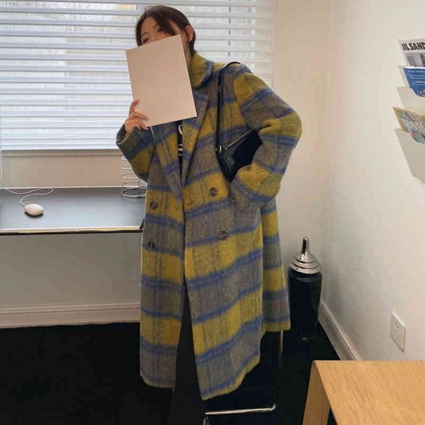 

women's wool & blends [eam] loose fit blue plaid big size long thick woolen coat parkas sleeve women fashion autumn winter 2022 1de5874, Black