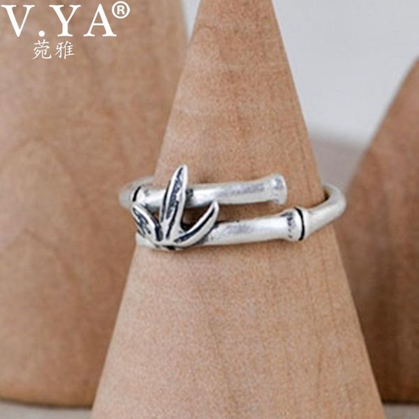

cluster rings v.ya 925 sterling silver temperament ring literary bamboo knot leaf open for women retro adjustable jewelry party gift, Golden;silver