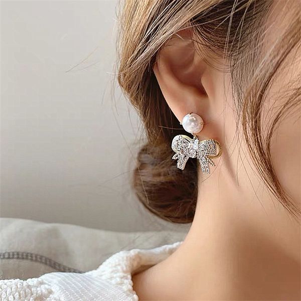 

trendy bowknot women dangle earrings bow pearl earrings style super elegant fashion new jewelry, Golden;silver