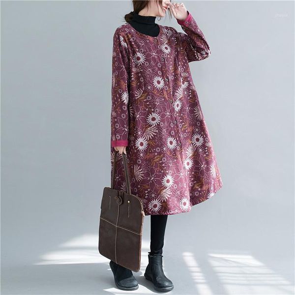 

fairynatural 2021 new winter ladies thicken warm retro print coats casual loose female trench clothes o neck single breasted1, Tan;black