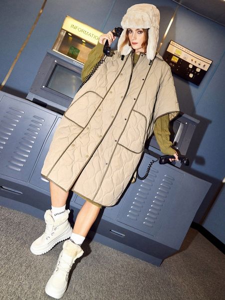 

contrast binding batwing sleeve quilted coat o2lt#, Black