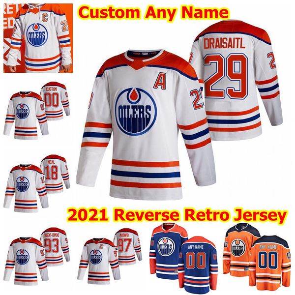 

edmonton oilers 2021 reverse retro hockey jerseys ryan nugent-hopkins patrick russell riley sheahan ethan bear matt benning custom stitched, Black;red