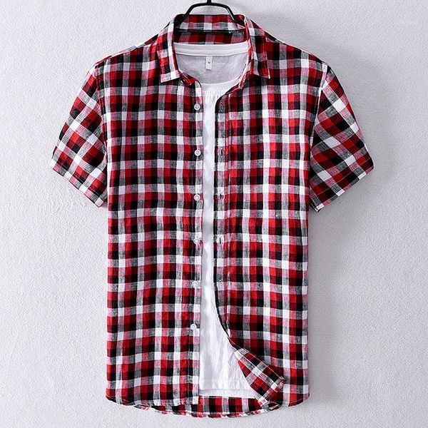 

men's casual shirts 2021 plaid men fashion 100% linen short sleeved summer shirt mens dress y28121, White;black