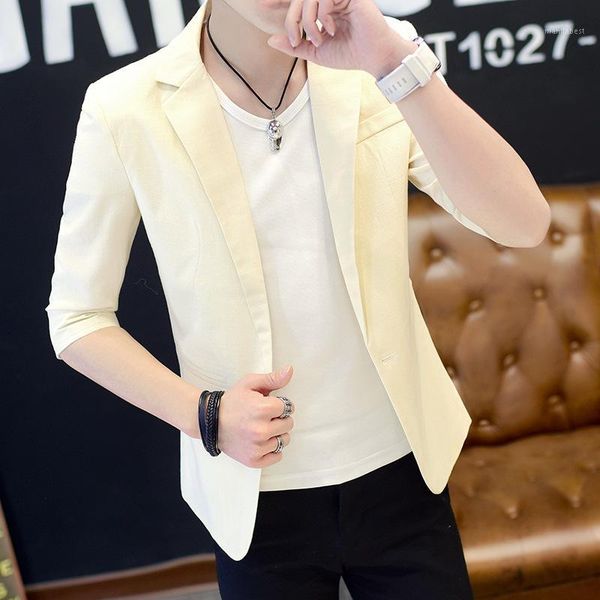 

summer thin section half-sleeve shirt small suit coat slim fit trend casual hair stylist three-quarter-length sleeve suit men's1, White;black