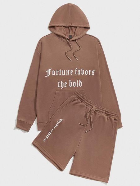 

men slogan graphic drawstring hoodie & track shorts set k5w2#, Gray