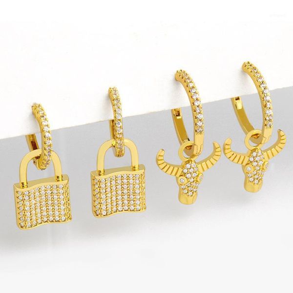 

dangle & chandelier flola gold huggie padlock earrings for women small hoop lock drop crystal ox bull horn zirconia jewelry ersu661, Silver